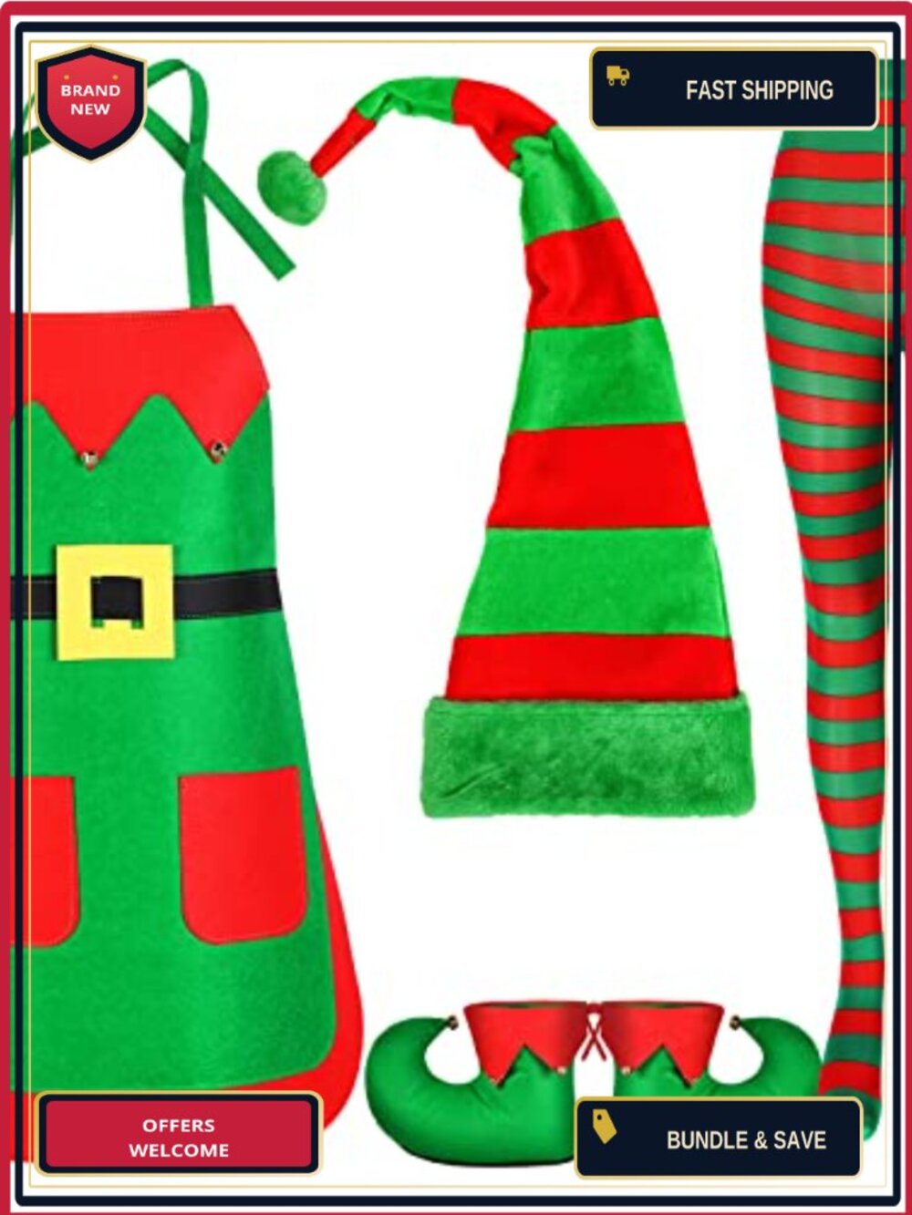Christmas Elf Costume Set Apron Hat Striped Tights Shoes Cosplay Party